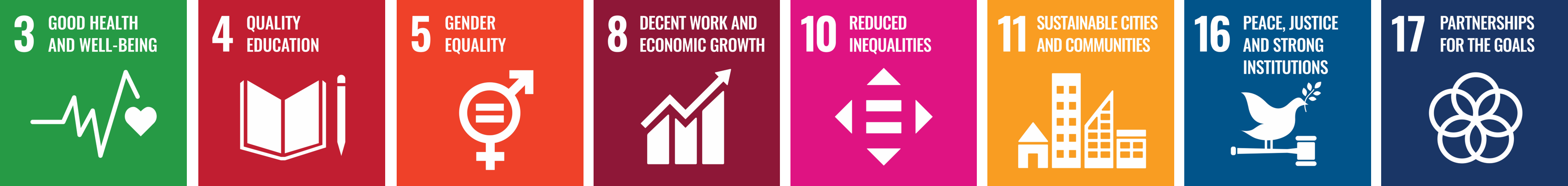 一組彩色SDGs圖示:綠色心電圖代表「良好健康與福祉」、紅色書本與鉛筆代表「優質教育」、橘色性別符號代表「性別平等」、紫色上升曲線代表「體面工作與經濟成長」、粉色多向箭頭代表「減少不平等」、黃色城市天際線代表「永續城市與社區」、藍色鴿子與法槌代表「和平、正義與健全制度」、淺藍色互相連結圓圈代表「夥伴關係實現目標」。
